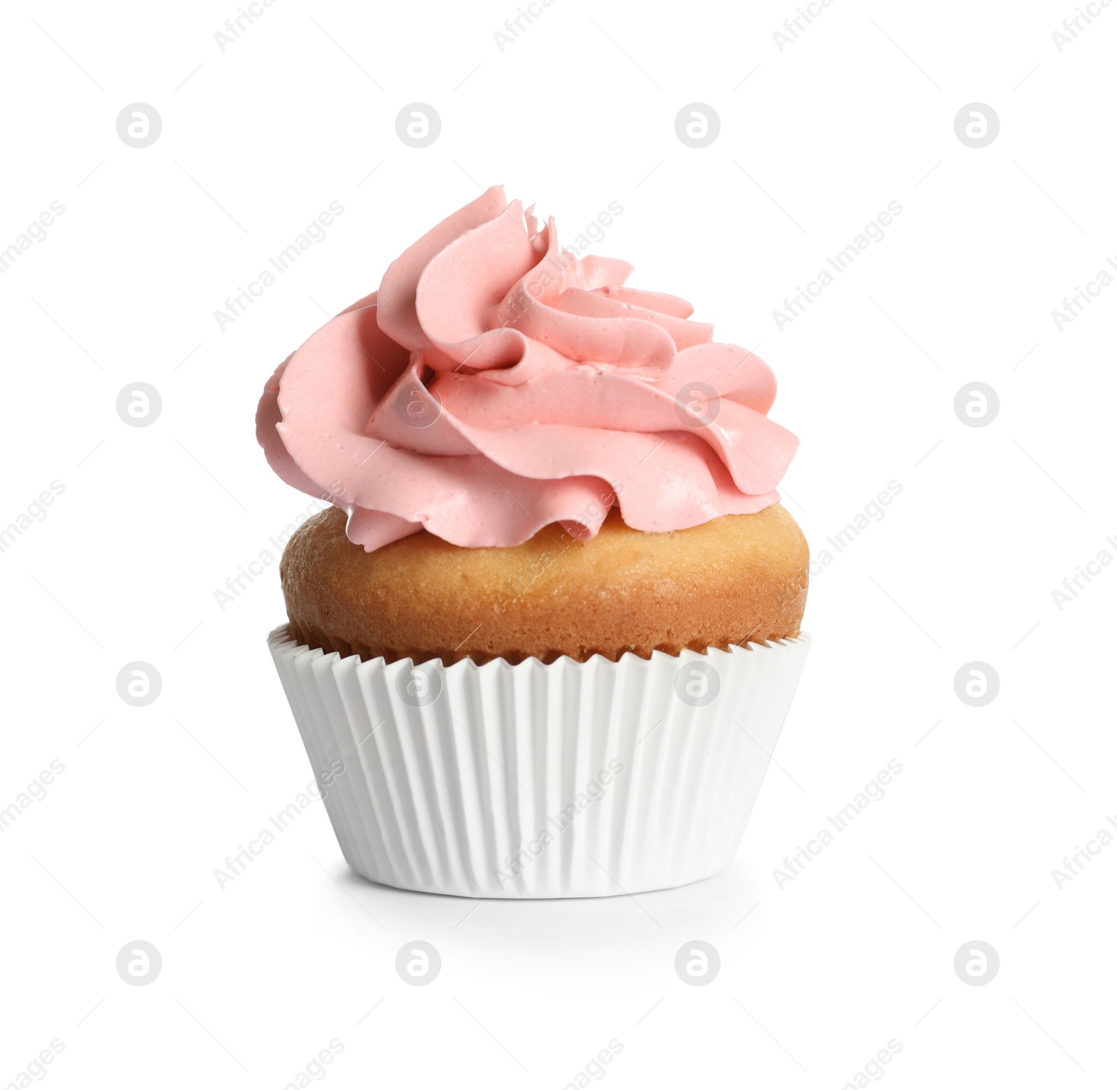 Photo of Delicious birthday cupcake on white background