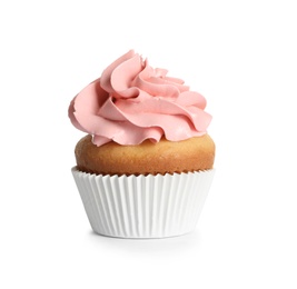 Photo of Delicious birthday cupcake on white background