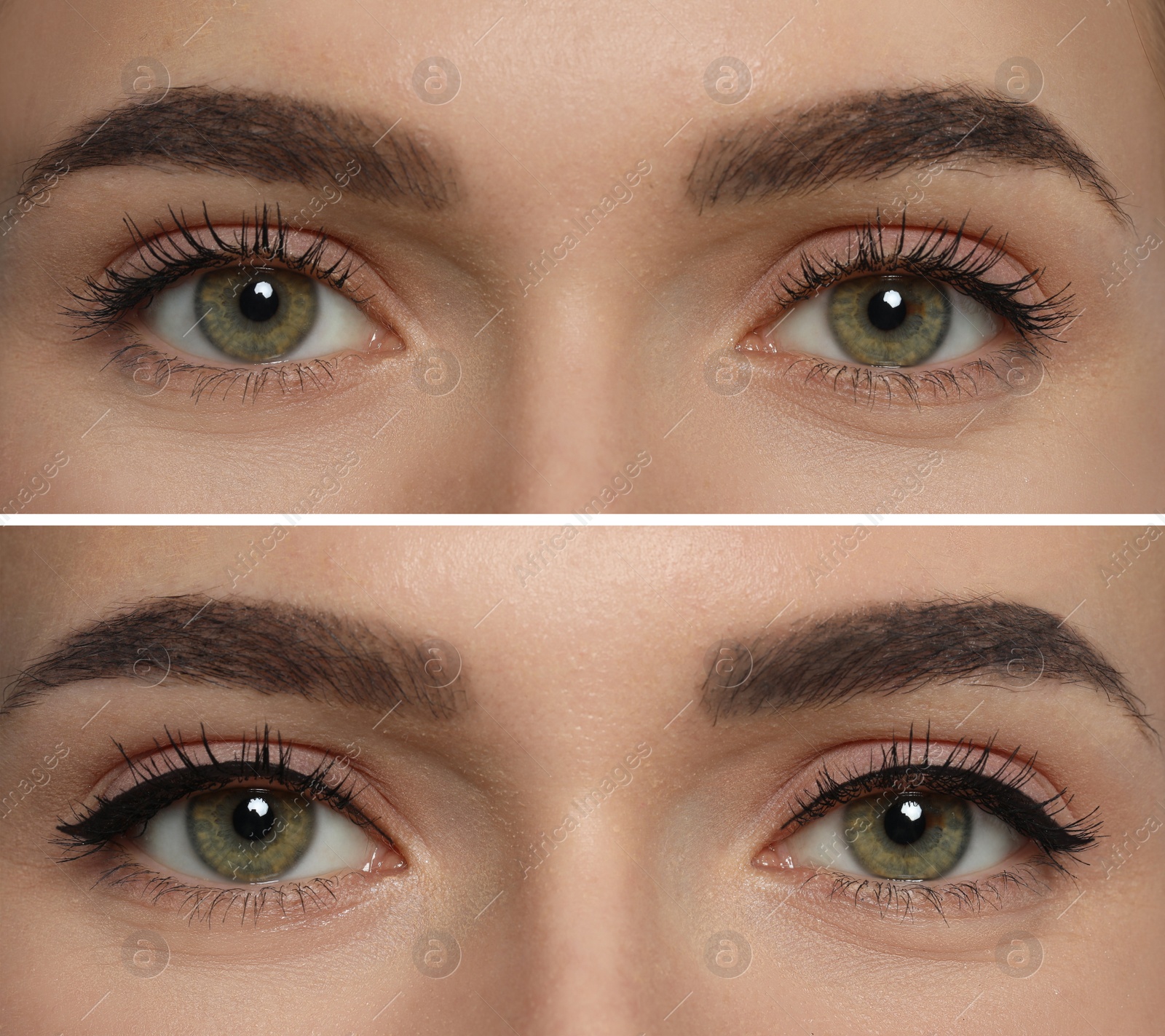 Image of Collage with photos of young woman before and after getting permanent eyeliner makeup, closeup