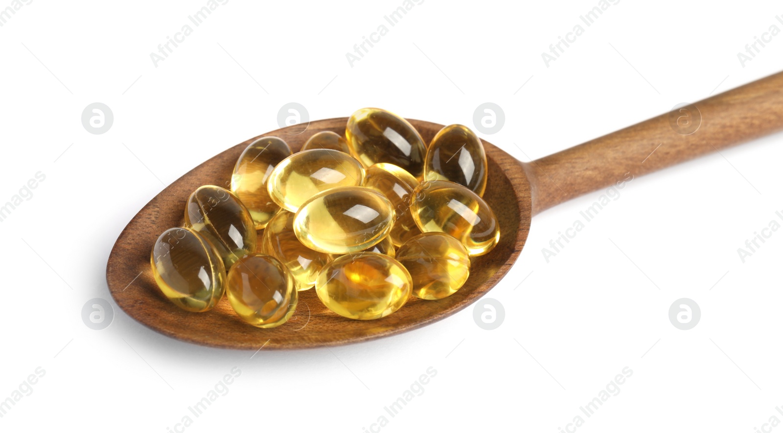 Photo of Spoon with cod liver oil pills on white background