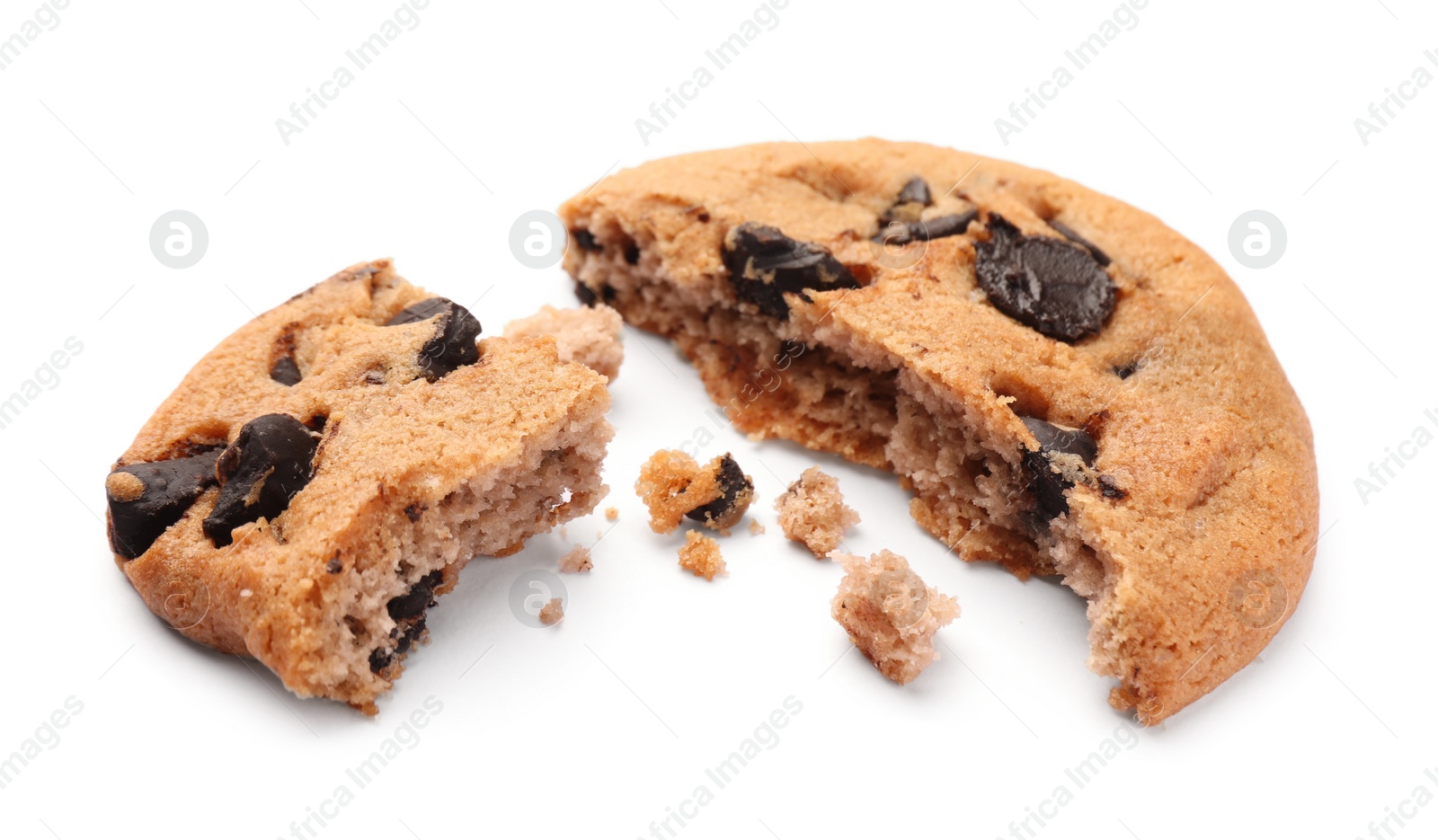 Photo of Pieces of delicious chocolate chip cookie isolated on white