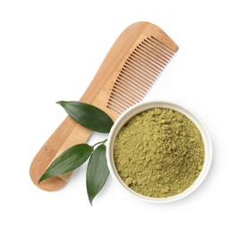 Photo of Henna powder in bowl, comb and green leaves isolated on white, top view