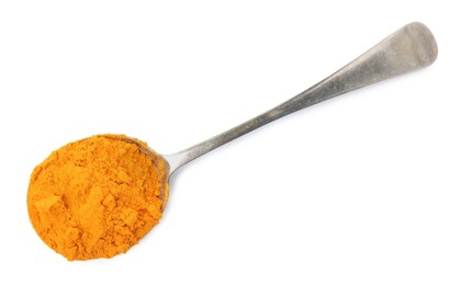 Photo of Spoon with saffron powder on white background, top view