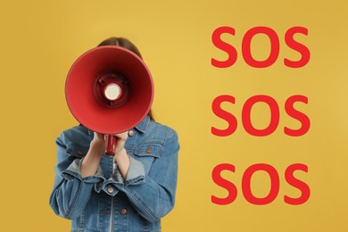 Image of Woman with megaphone and words SOS on yellow background. Asking for help