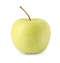 Photo of One ripe green apple with water drops isolated on white