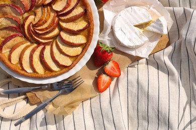 Photo of Strawberries, brie cheese and apple pie on blanket, flat lay. Summer picnic