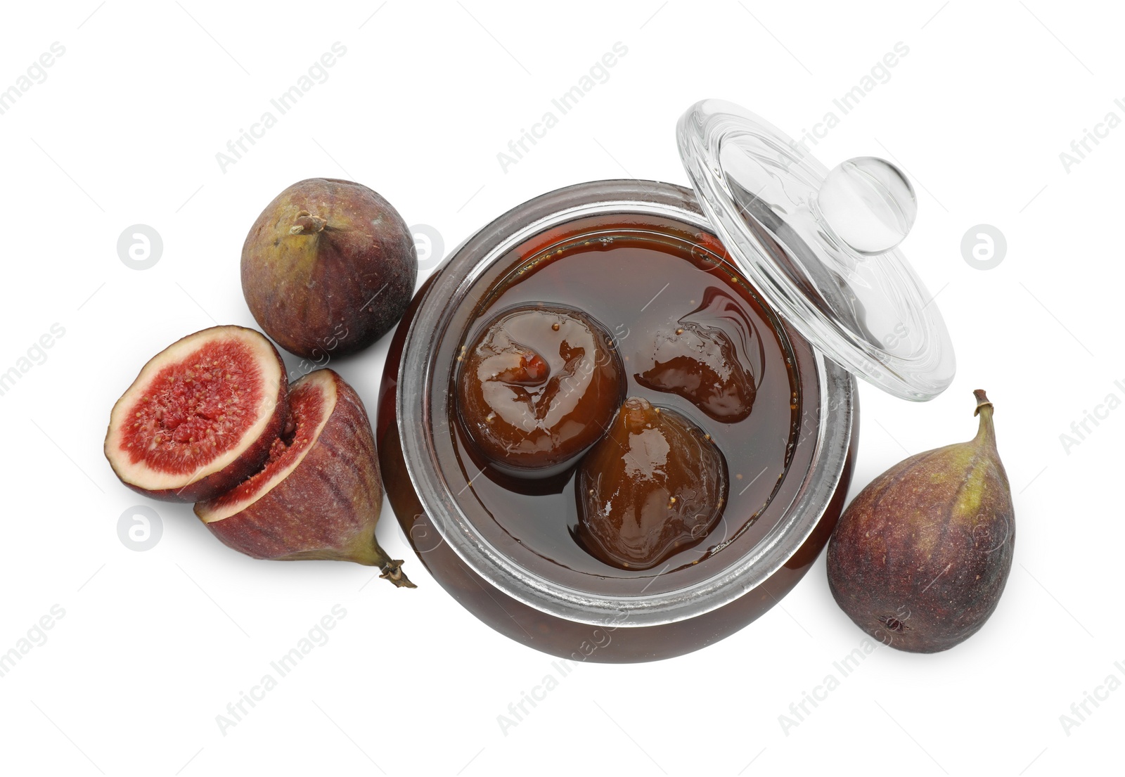 Photo of Jar of tasty sweet jam and fresh figs isolated on white, top view