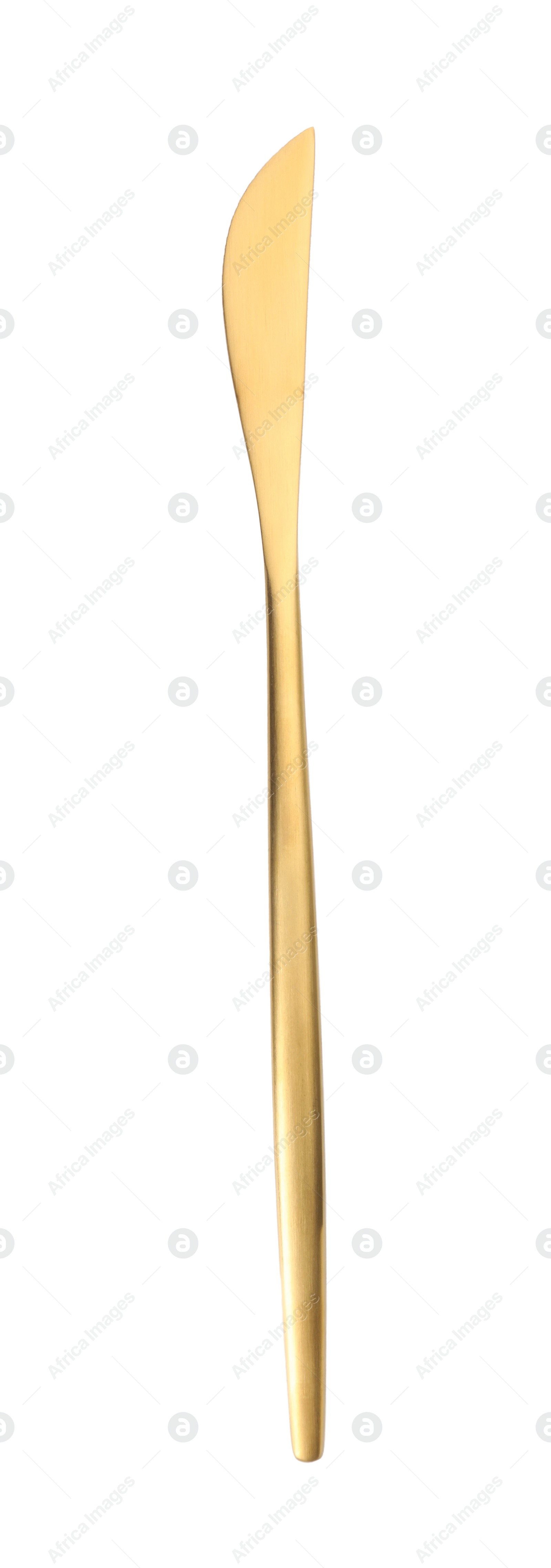 Photo of One shiny golden knife isolated on white, top view