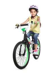 Photo of Portrait of cute little girl with bicycle on white background