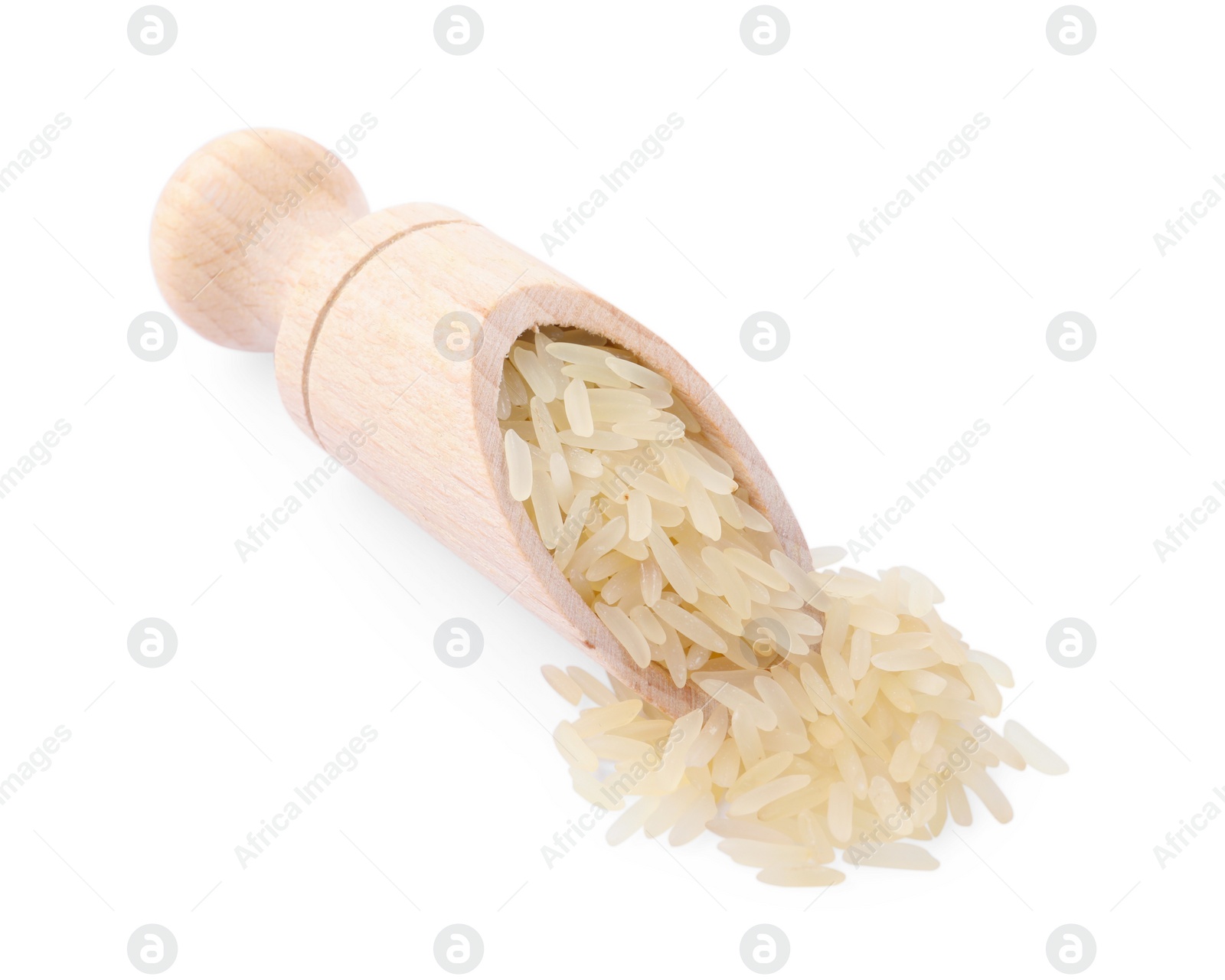 Photo of Scoop with raw rice isolated on white
