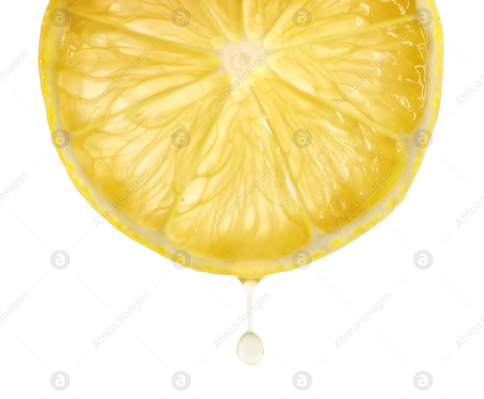 Photo of Lemon slice with drop of juice on white background, closeup