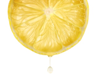 Lemon slice with drop of juice on white background, closeup
