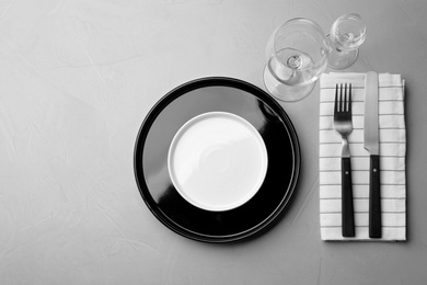 Photo of Elegant table setting on grey background, top view