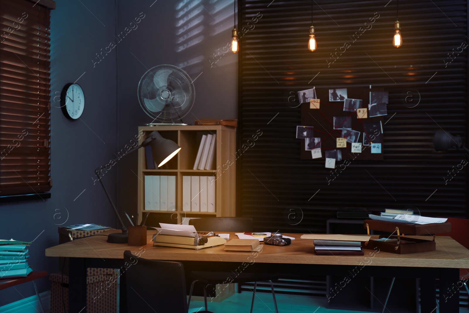 Photo of Detective office interior with evidence board on wall