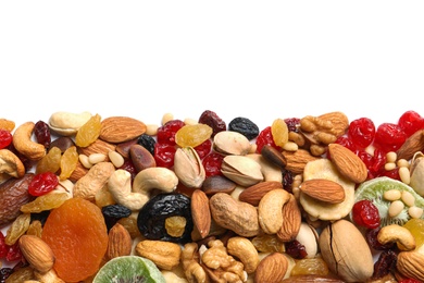 Photo of Different dried fruits and nuts on white background, top view. Space for text