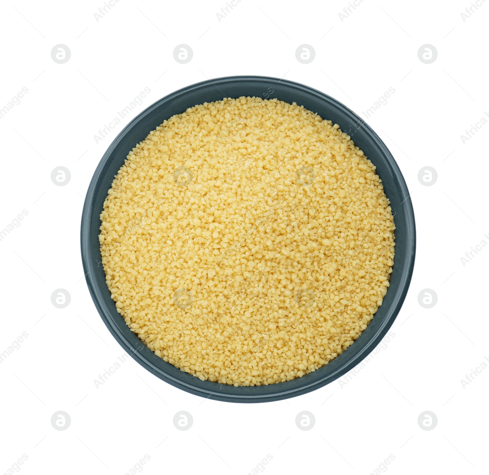 Photo of Bowl of raw couscous isolated on white, top view