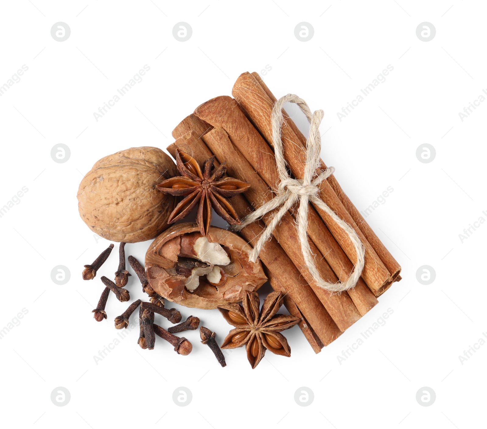 Photo of Different spices on white background, top view