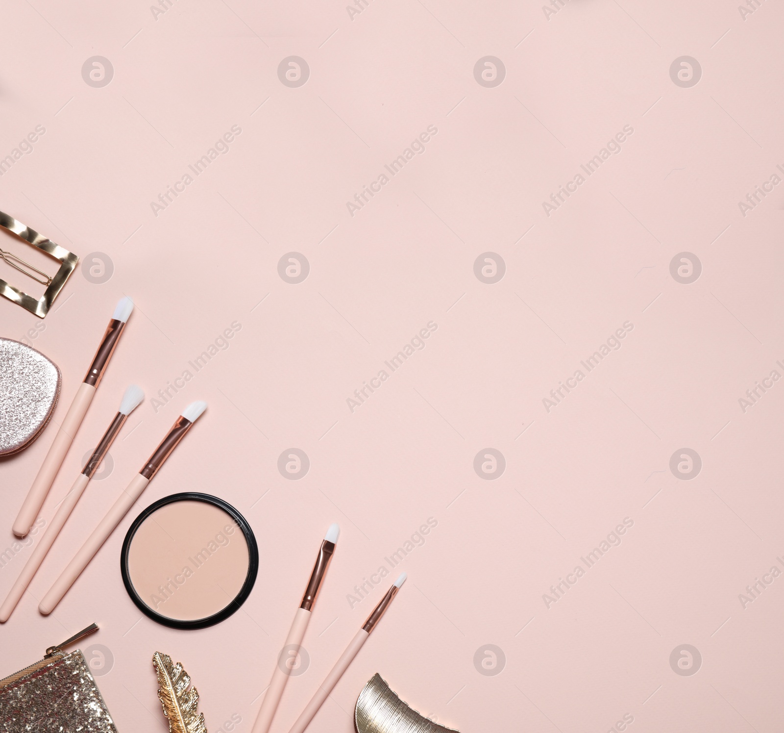 Photo of Different makeup products on beige background, flat lay. Space for text