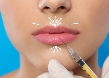 Image of Young woman getting lips injection, closeup. Cosmetic surgery