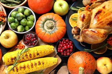 Photo of Composition with turkey as background, top view. Happy Thanksgiving day