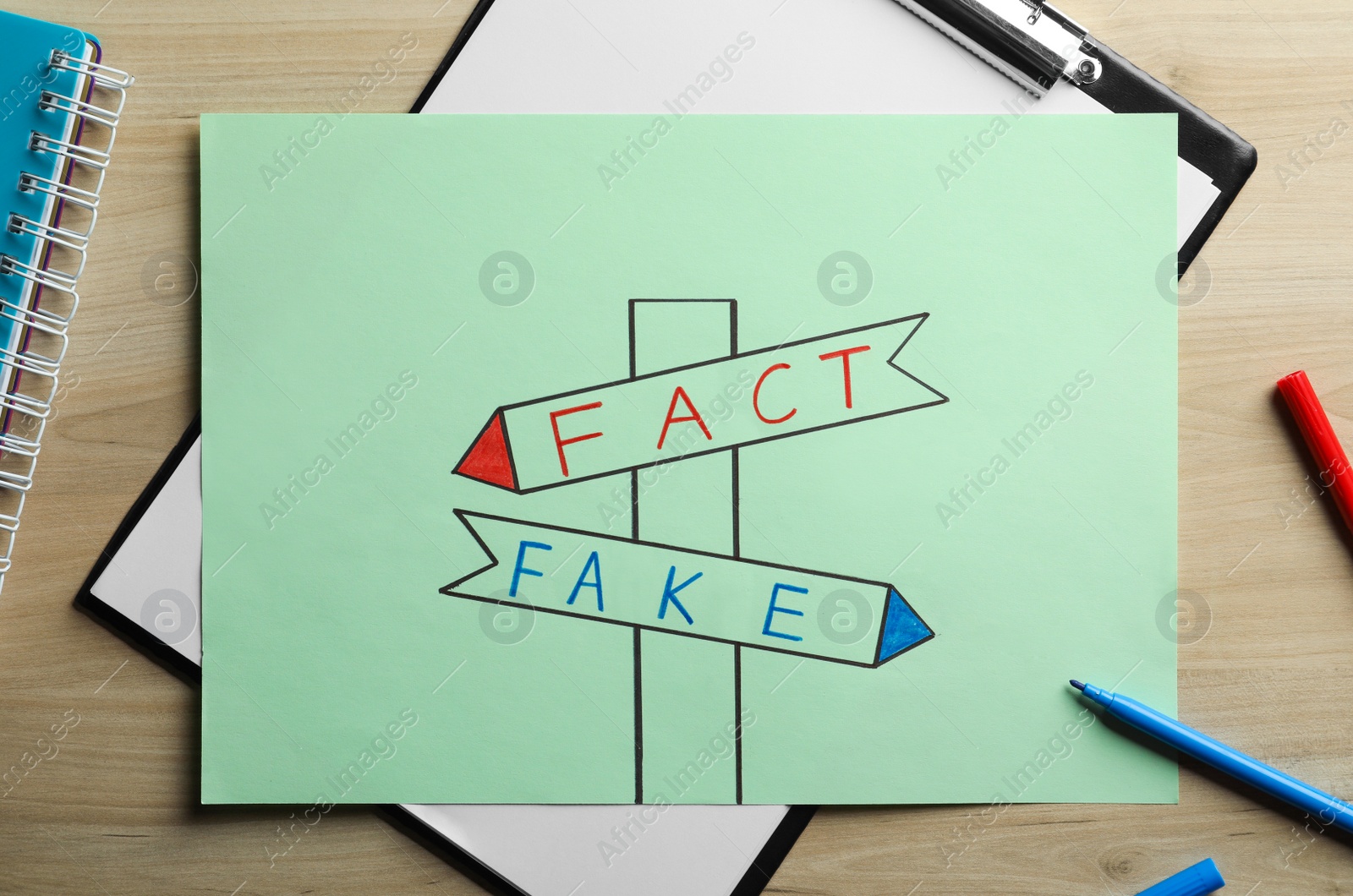 Photo of Drawn signpost with words FACT and FAKE on paper sheet at wooden table, flat lay