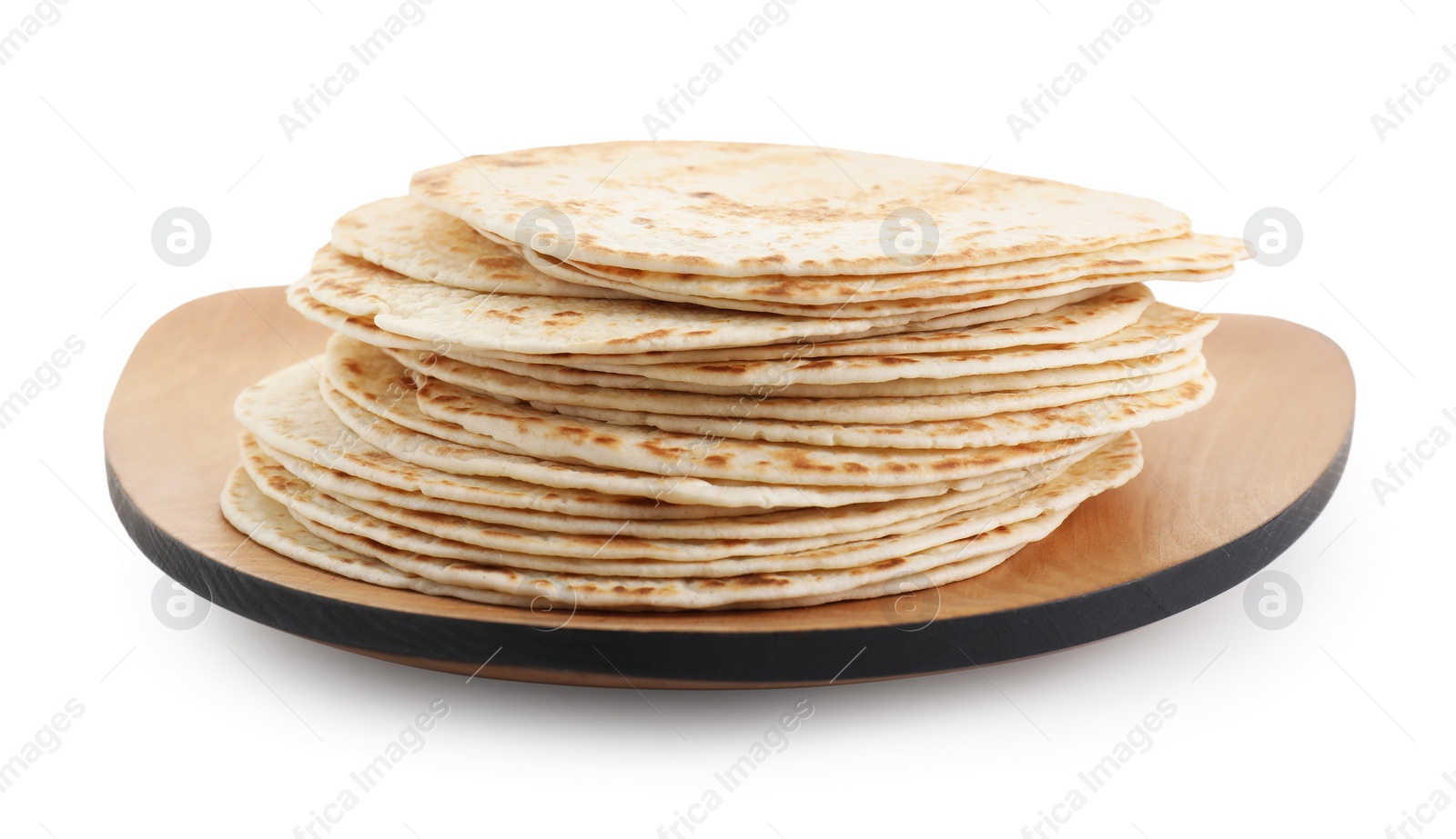 Photo of Many tasty homemade tortillas isolated on white