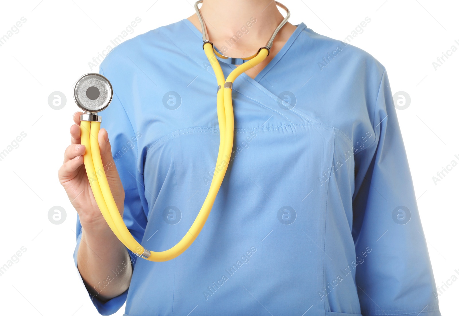 Photo of Female doctor with stethoscope on white background, closeup. Medical object