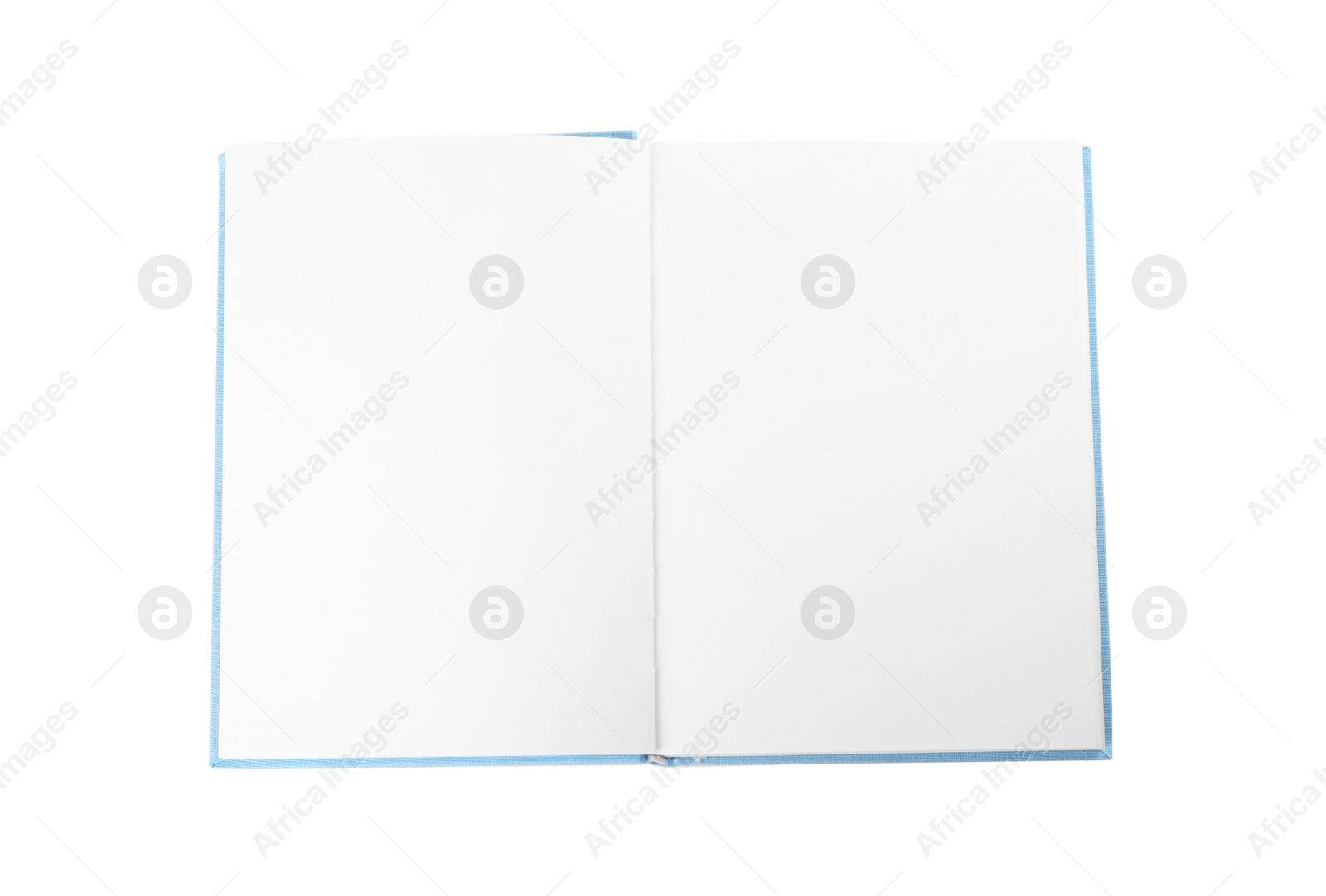 Photo of Open hardcover book with blank pages on white background, top view