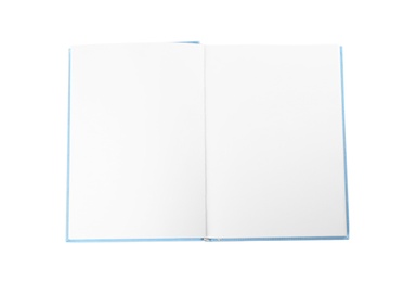 Open hardcover book with blank pages on white background, top view