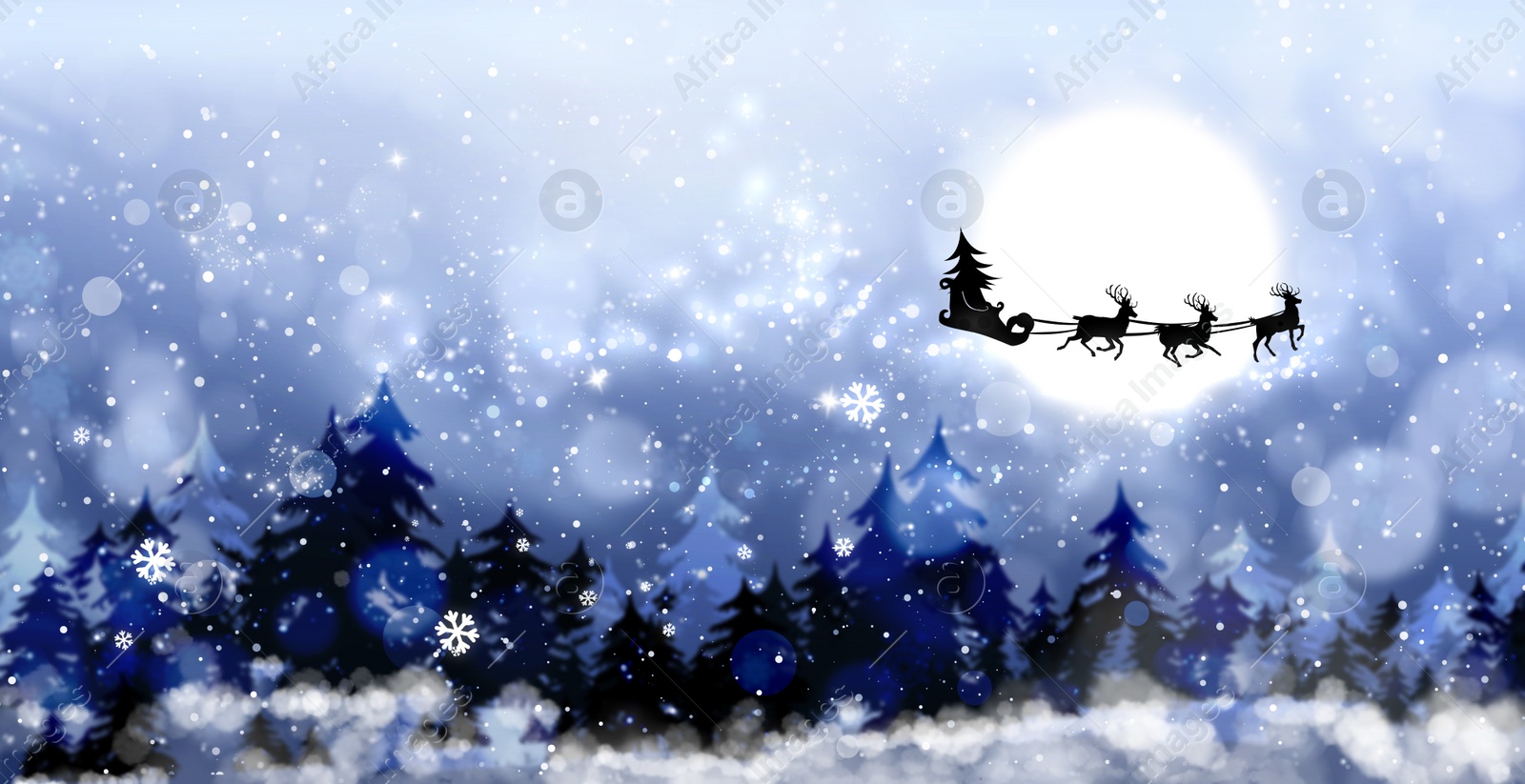 Image of Magic Christmas eve. Reindeers pulling Santa's sleigh in sky on full moon night, banner design