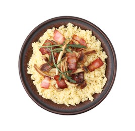 Photo of Tasty couscous with mushrooms and bacon in bowl isolated on white, top view