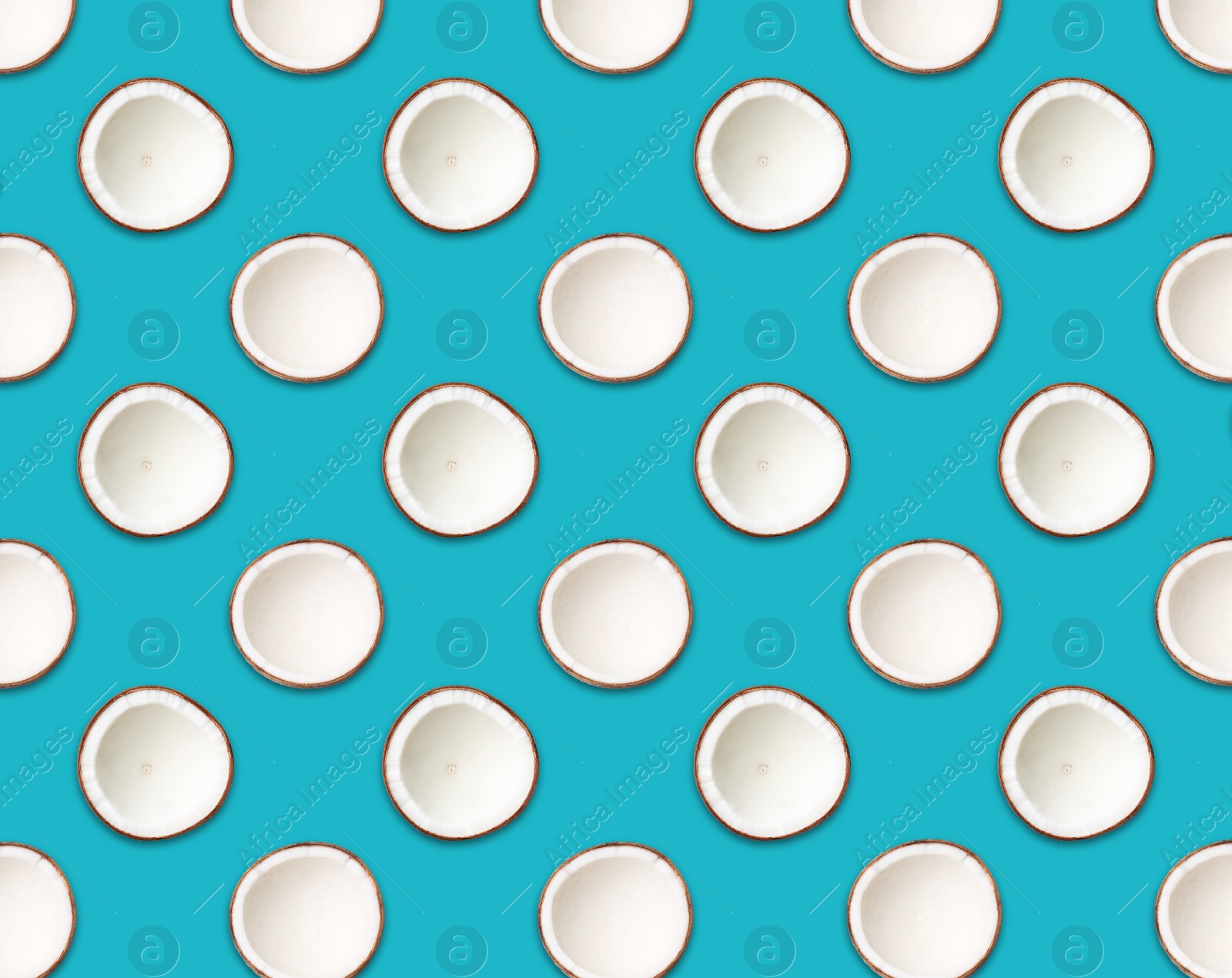 Image of Pattern of coconut halves on pacific blue background