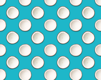 Image of Pattern of coconut halves on pacific blue background
