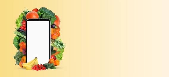 Image of Internet shopping. Smartphone surrounded by fruits and vegetables on light orange background. Banner design with space for text
