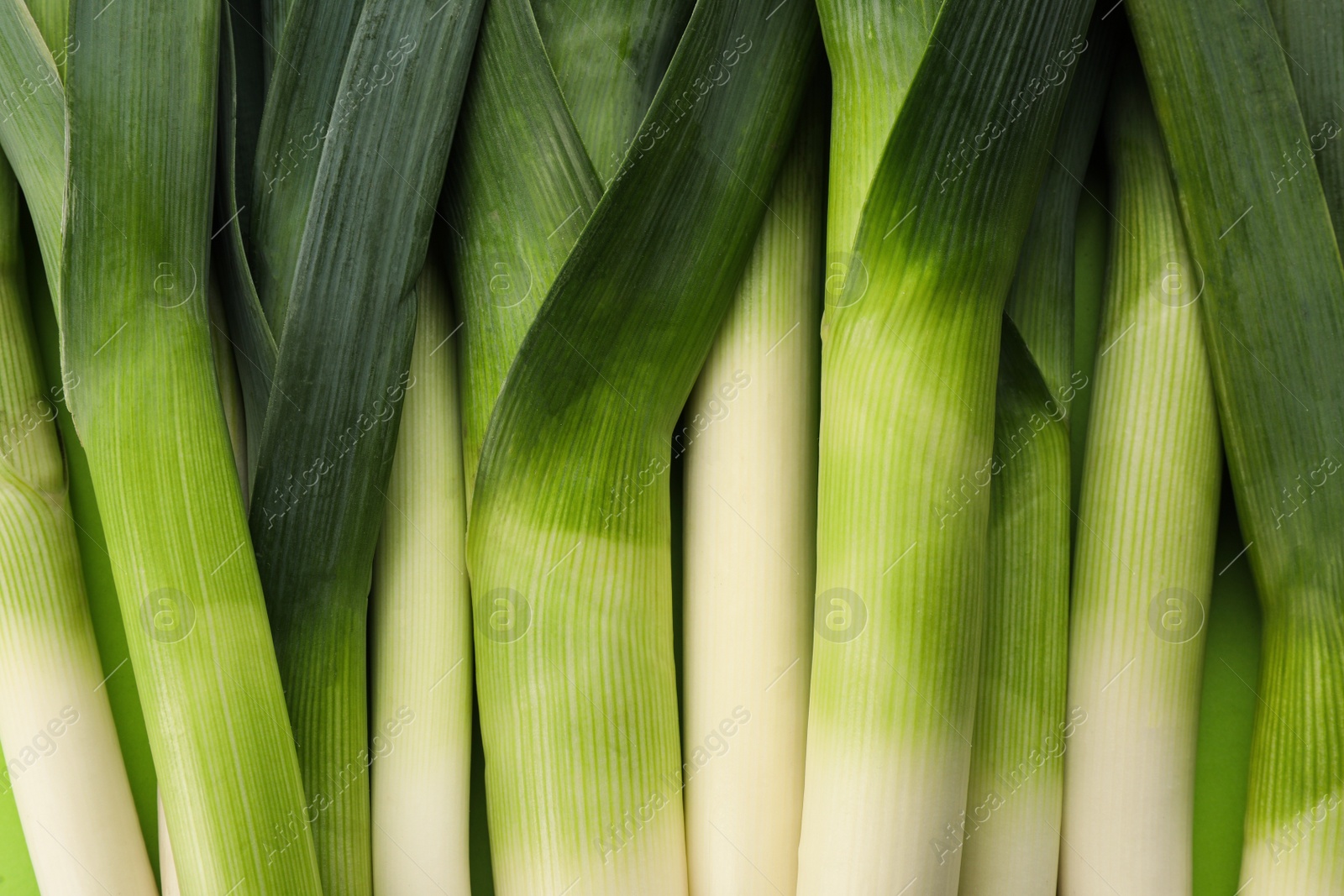 Photo of Fresh raw leeks as background, top view