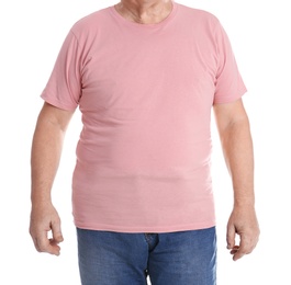 Photo of Fat senior man on white background, closeup. Weight loss