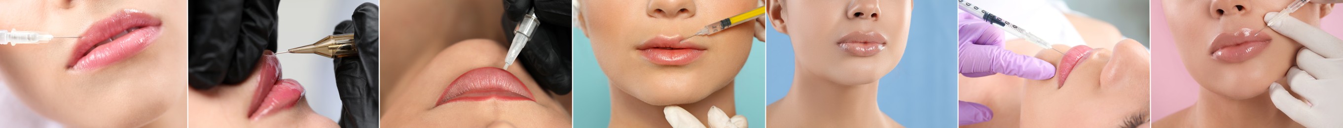 Image of Collage with photos of women during procedures of lip augmentation and permanent makeup, closeup. Banner design