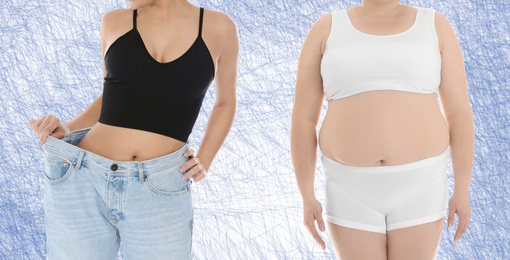 Image of Slim and overweight women on light blue background, closeup. Banner design