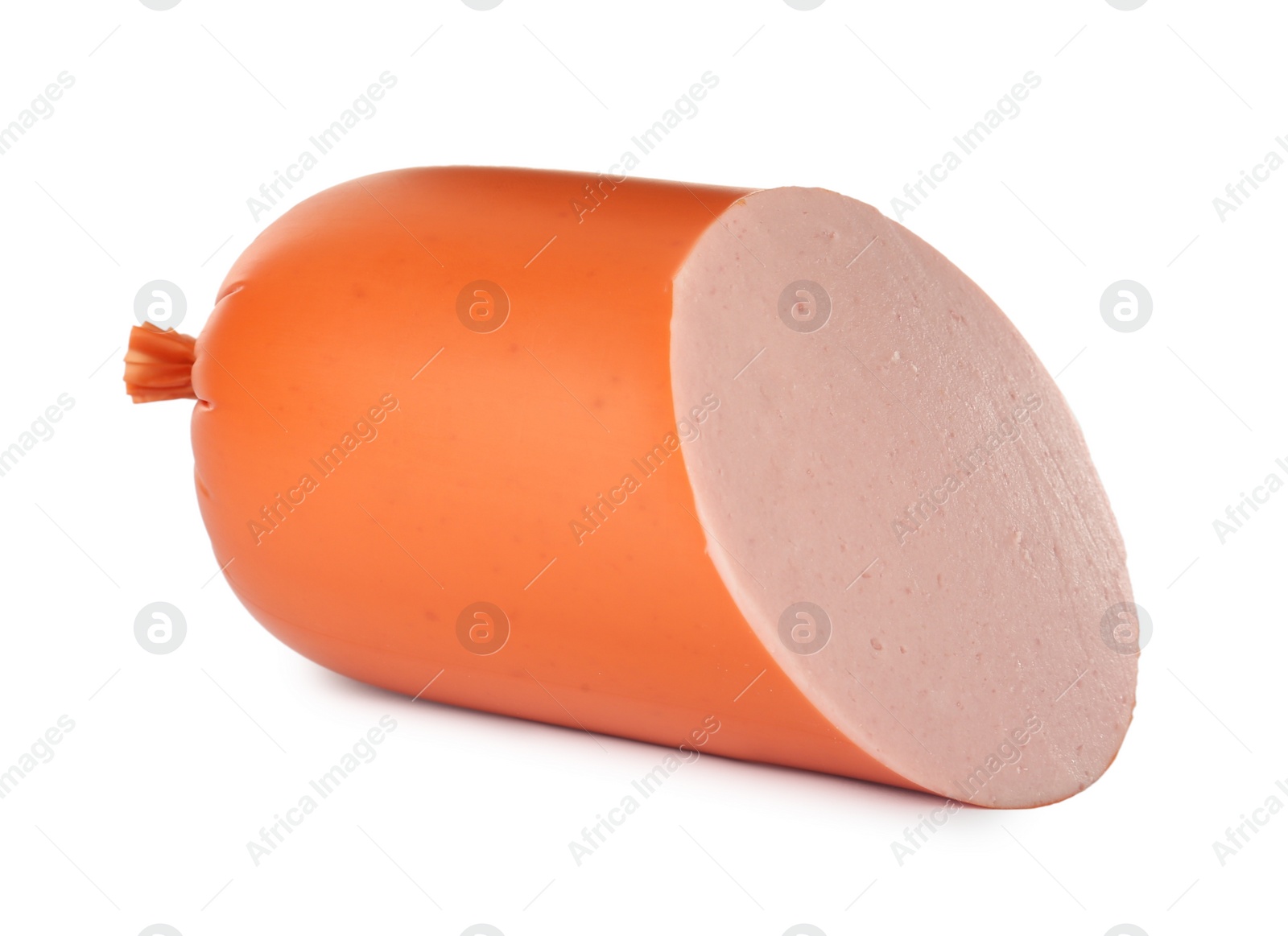 Photo of Piece of delicious boiled sausage isolated on white