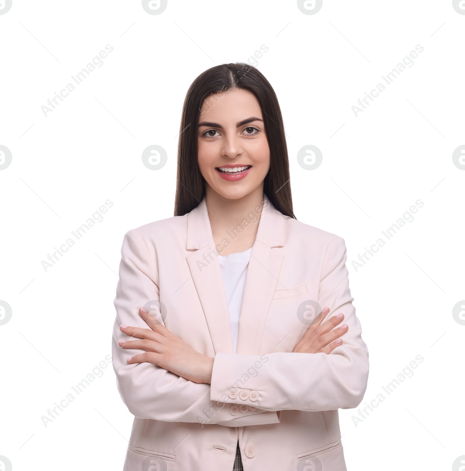 Photo of Beautiful happy businesswoman crossing arms on white background