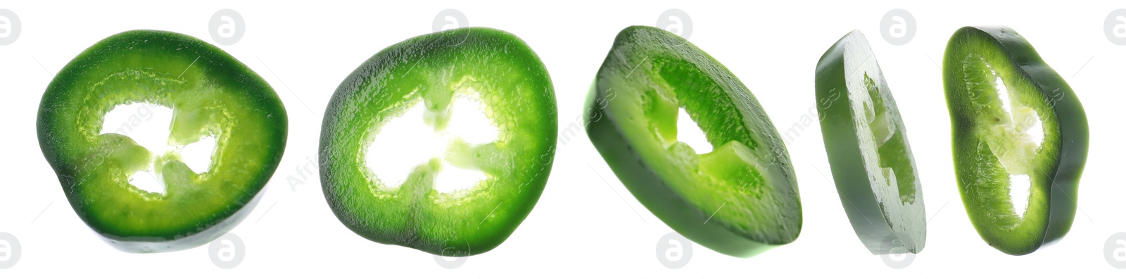 Image of Green hot chili pepper pieces on white background