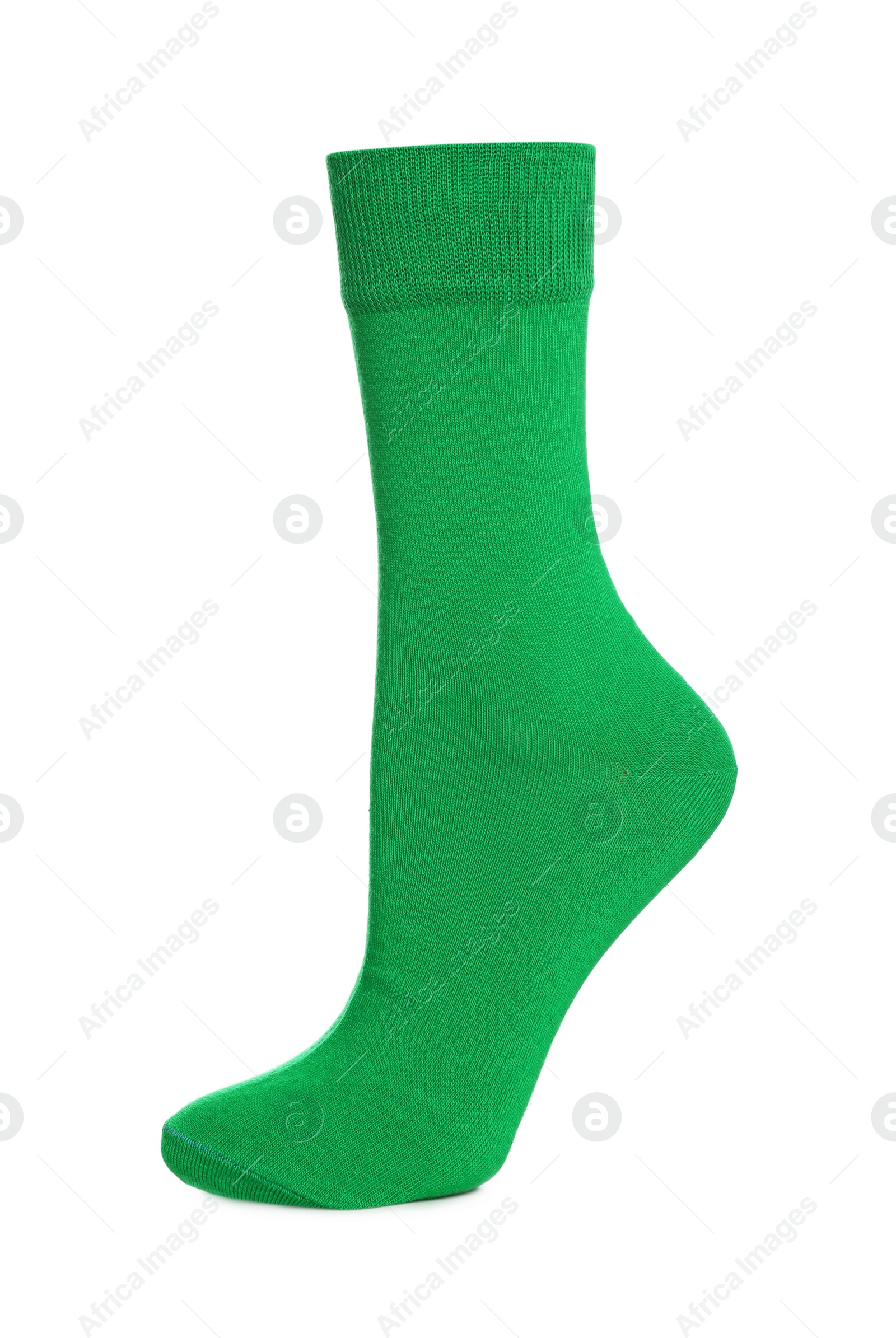 Photo of One bright green sock on white background