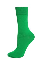 Photo of One bright green sock on white background