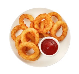 Plate of tasty fried onion rings with ketchup isolated on white, top view