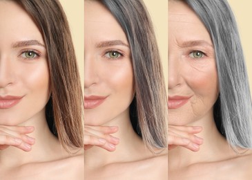 Natural aging, comparison. Woman in different ages on beige background, closeup