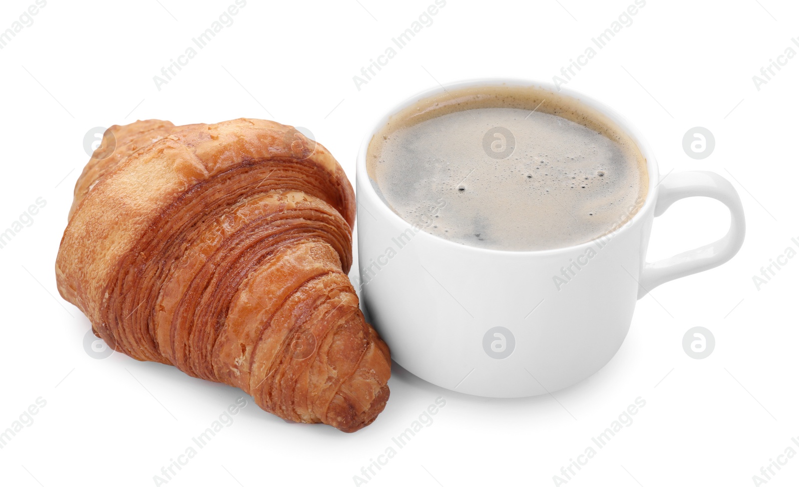 Photo of Tasty breakfast. Cup of coffee and fresh croissant isolated on white