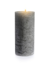 Photo of Decorative gray wax candle on white background