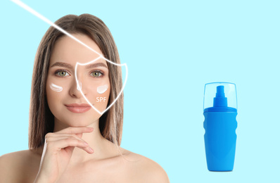 SPF shield and beautiful young woman with healthy skin on light blue background. Sun protection cosmetic product