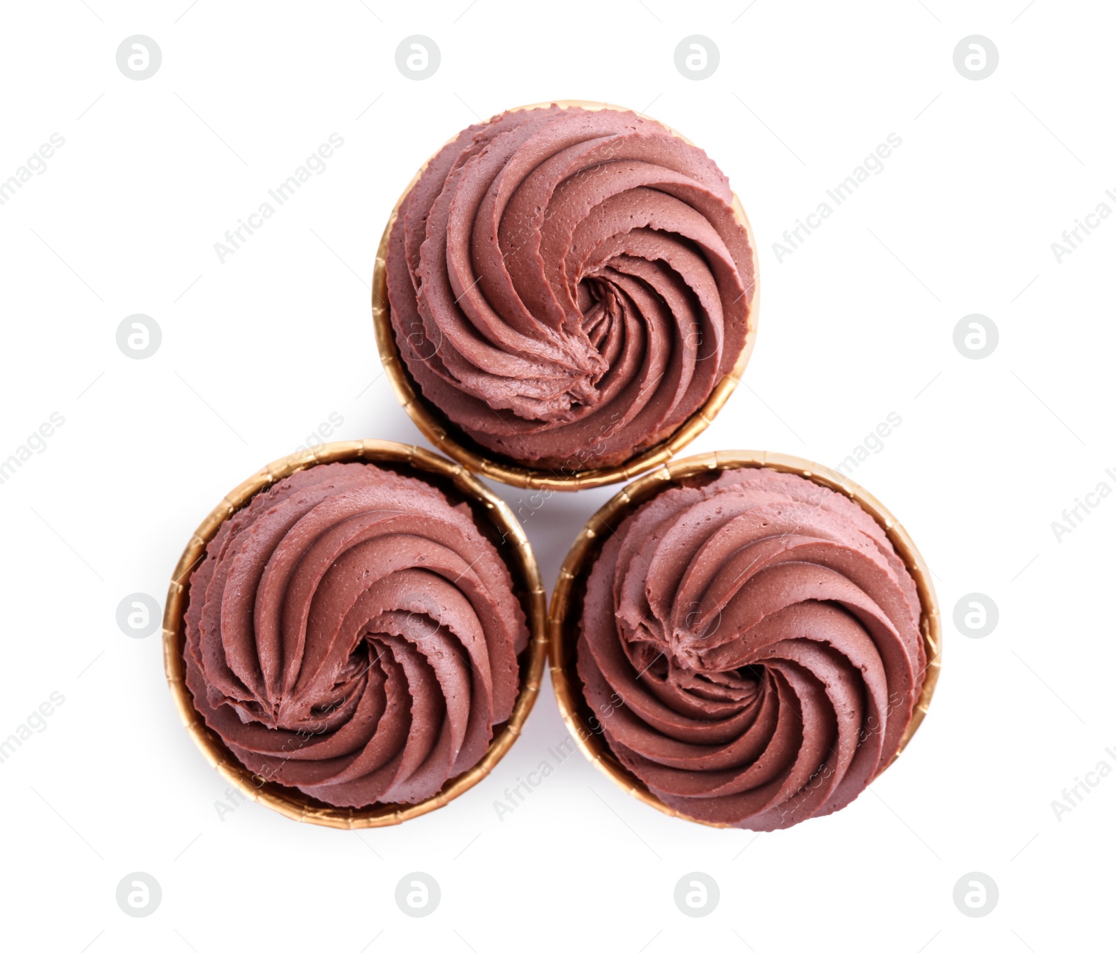 Photo of Delicious chocolate cupcakes isolated on white, top view