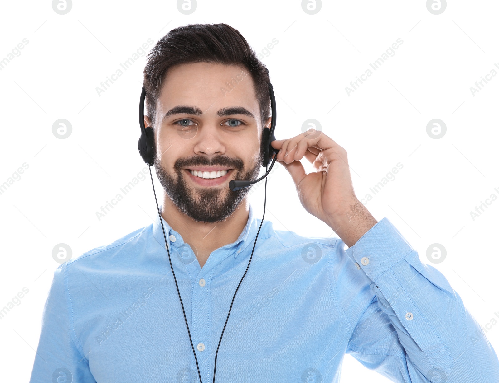 Photo of Portrait of technical support operator with headset isolated on white